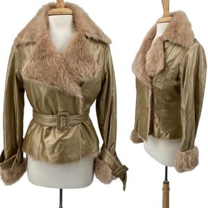 Y2k INC International Concepts Gold Leather Jacket Faux Fur Lining Trim Womens M